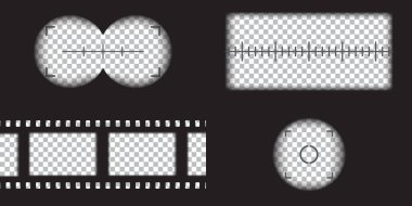 Video kamera, dürbün ve kamera görüntüleme cihazı. Kamera ve dürbün çerçeve şablonu. Şeffaf arkaplanda siyah çizgiler. Vektör illüstrasyonu