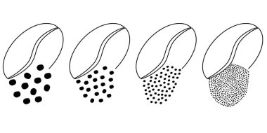 Çizgi film kavrulmuş kahve çekirdeği piktogramı. Kahve çekirdeği öğütücü, grafikler. Kupa ya da kupa için. Kahve makinası için. Kaba, orta ya da ince ilerleme çubuğu, yükleme. Elle kahve öğütücü. Vektör