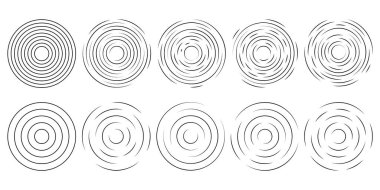 Dairesel dalgalanma simgeleri. Beyaz arka planda izole edilmiş, kırık çizgileri olan eş merkezli daireler. Girdap, sonar dalgası, ses dalgası, güneş patlaması, sinyal işaretleri. Vektör grafik çizimi. Vektör illüstrasyonu