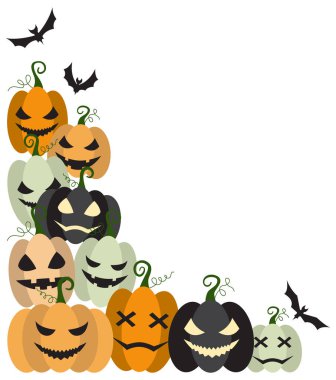 Cadılar Bayramı parti dekorasyon köşesinde yarasalar, balkabakları, cadı şapkası. Cadılar Bayramı için şirin Jack O Lantern Şeytani Balkabağı köşesi. Basit pankart asma partisi klas dekor vektör unsuru. Vektör illüstrasyonu