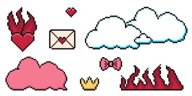 Piksel resim diyalog kutusu, kalp, yıldız, bulut seti. Konuşma baloncukları 90 'ların estetik havasında. Vektör 8-bit retro biçim illüstrasyonu. Vektör illüstrasyonu