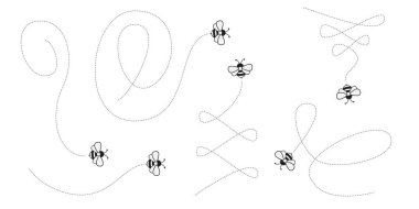 Arıların hava akrobasisi. Büyüleyici Noktalı Yollar, Döngü, Döngü ve Kalp Şekilleri oluşturuyor. Vektör illüstrasyonu