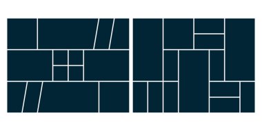 Kolaj ruh hali şebekesi. Mozaik resim koleksiyonu. Sunum özgeçmişi. Karton şablon. Organize portföy. Fotoğraf çizimi. Galeri afişi. Albüm markası. Vektör illüstrasyonu