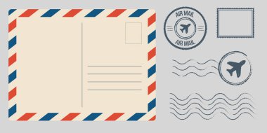 Kartpostal şablonu ayarlandı. Tebrik kartı damgası, posta servisi kırmızı mavi çerçeve hızlı teslimat hava gemileri eski tasarım boş grafik şablonu. Vektör illüstrasyonu