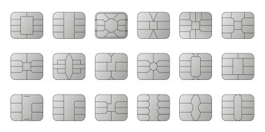 EMV chip silver vector icons. Contactless payment at terminals and ATMs. Set line nfc symbol. Square computer microchips for credit debit cards. Vector illustration clipart