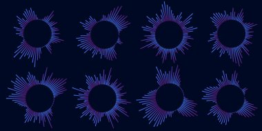 Dairesel dalgalanma simgeleri. Beyaz arka planda izole edilmiş, kırık çizgileri olan eş merkezli daireler. Girdap, sonar dalgası, ses dalgası, güneş patlaması, sinyal işaretleri. Vektör grafik çizimi. Vektör illüstrasyonu