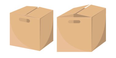 Teslimat için karton kutuların ön ve yan görünümü gerçekçi çizimlerdir. Düzgün vektör el sanatları paketleri olarak tasarlanmıştır. Vektör illüstrasyonu