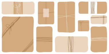 Beyaz arka planlı bir hediye kutusu tasarımı, el işi ambalajlar ve beyaz ve kahverengi bir fiyonk. Vektör illüstrasyonu