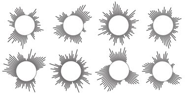 Dairesel dalgalanma simgeleri. Beyaz arka planda izole edilmiş, kırık çizgileri olan eş merkezli daireler. Girdap, sonar dalgası, ses dalgası, güneş patlaması, sinyal işaretleri. Vektör grafik çizimi. Vektör illüstrasyonu