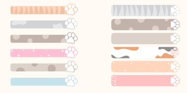 Evcil hayvan desenli konuşma baloncukları, ayırıcılar. Güzel pençe izi yer imleri. Vektör illüstrasyonu