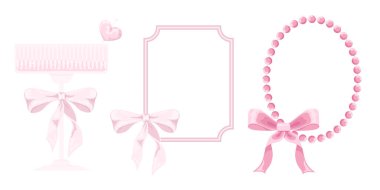 Pembe kız tipi vintage çerçeve ve yay setinin vektör illüstrasyonu. Pembe Şampanya Kadehi. Kurdeleler izole edildi. Moda kız aksesuarları. Güzel saç stili koleksiyonu. Vektör illüstrasyonu