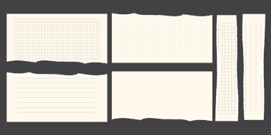 Kağıt kırıntıları. Yırtık kağıt parçaları, notlar için yırtık kenarları olan, gerçekçi yırtık notlar. Vektör illüstrasyonu izole edildi. Vektör illüstrasyonu