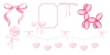 Pembe kızlar için klasik fiyonk ve çerçeve setinin vektör çizimi. Saç dekoru için eğilin. Kurdeleler izole edildi. Pembe lolipop. Güzel saç stili koleksiyonu. Vektör illüstrasyonu