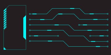 HUD dijital fütürist kullanıcı arayüzü yatay çerçevesi. Bilim kurgu yüksek teknoloji ekranı. Cyberpunk oyun menüsü hologram paneline dokunuyor. Siber uzay baş görüntüleme bilgi vektörü kenarı