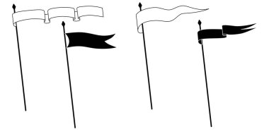 Retro flamalar, bayrak kolyeleri ve bayrak direğinde boş işaretler sallamalar, vektör ikonu. Spor kampı veya üniversite ve okul takımı kraliyet kulüp flamaları beyaz ve siyah çizgi ana hatları ya da siluetler