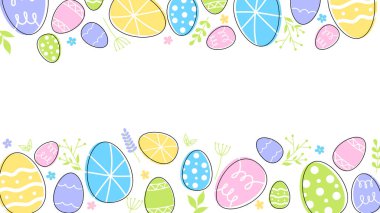 Paskalya yumurtalarının kompozisyonu beyaz arka plana siyah çizilmiş. Karalama yapraklı yumurtaların dekoratif yatay çizgisi. Vektör illüstrasyonu