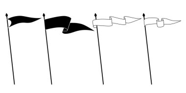 Retro flamalar, bayrak kolyeleri ve bayrak direğinde boş işaretler sallamalar, vektör ikonu. Spor kampı veya üniversite ve okul takımı kraliyet kulüp flamaları beyaz ve siyah çizgi ana hatları ya da siluetler