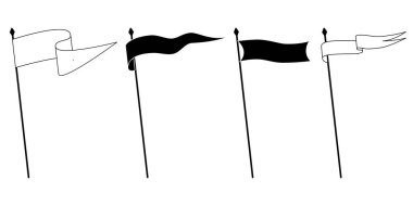 Retro flamalar, bayrak kolyeleri ve bayrak direğinde boş işaretler sallamalar, vektör ikonu. Spor kampı veya üniversite ve okul takımı kraliyet kulüp flamaları beyaz ve siyah çizgi ana hatları ya da siluetler