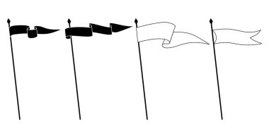 Retro flamalar, bayrak kolyeleri ve bayrak direğinde boş işaretler sallamalar, vektör ikonu. Spor kampı veya üniversite ve okul takımı kraliyet kulüp flamaları beyaz ve siyah çizgi ana hatları ya da siluetler