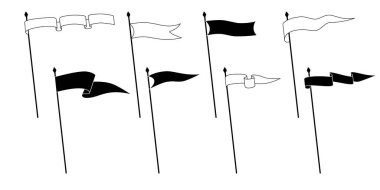 Retro flamalar, bayrak kolyeleri ve bayrak direğinde boş işaretler sallamalar, vektör ikonu. Spor kampı veya üniversite ve okul takımı kraliyet kulüp flamaları beyaz ve siyah çizgi ana hatları ya da siluetler