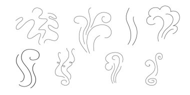 Buhar ve duman çizgileri simgeleri ayarlandı. Hava rüzgârı ve koklama koleksiyonu, sıcak hava dalgaları ya da sıcak kahve, gaz ve dumandan gelen koku. Buhar, karalama biçimi çiziminin simgelerini döndürür