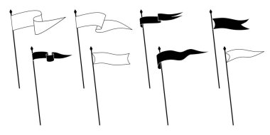Retro flamalar, bayrak kolyeleri ve bayrak direğinde boş işaretler sallamalar, vektör ikonu. Spor kampı veya üniversite ve okul takımı kraliyet kulüp flamaları beyaz ve siyah çizgi ana hatları ya da siluetler