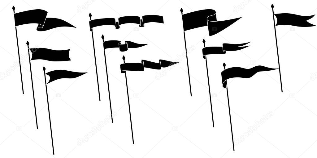 Retro pennant flags, banner pendants and waving blank signs on flagpoles, vector icon. Sport camp or university and varsity royal club pennant flags in white and black line outline or silhouettes