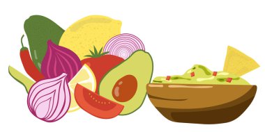 Kasede ve malzemelerde guacamole sosu var. Sebzeli sağlıklı organik gıda kavramı. El çizimi çizimi. Vektör illüstrasyonu