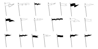 Retro flamalar, bayrak kolyeleri ve bayrak direğinde boş işaretler sallamalar, vektör ikonu. Spor kampı veya üniversite ve okul takımı kraliyet kulüp flamaları beyaz ve siyah çizgi ana hatları ya da siluetler