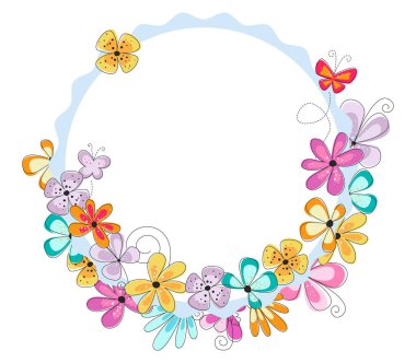 Renkli çiçekler ve kelebeklerle dolu parlak bir paskalya çerçevesi. Paskalya kutlaması geçmişi. Kart için bahar çerçevesi, davetiye. Vektör illüstrasyonu