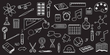 Okulun Doodle Pack 'ine dönüyoruz. El yapımı Sınıf Esasları ve Kırtasiyesi. Vektör illüstrasyonu