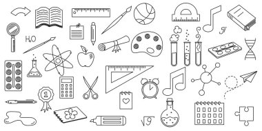 El yapımı Doodle Eğitim Seti. Eğlenceli karikatür stilinde okul elemanlarına dönüş. Vektör illüstrasyonu