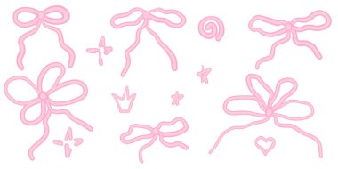 El yapımı modaya uygun pembe bağcıklar ve yıldızlar. Saç dekoru için eğilin. Kurdeleler izole edildi. Moda kız aksesuarları. Güzel saç stili koleksiyonu. Vektör illüstrasyonu
