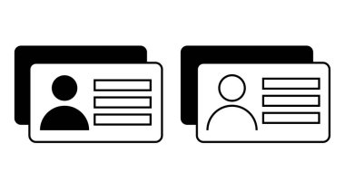 Çevrimiçi yazdırılabilir materyaller ve resmi kimlik tasarım projeleri için siyah-beyaz kimlik ve sürücü belgesi simgeleri. Vektör illüstrasyonu