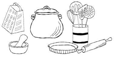 Fırın spatulasıyla hazırlanmış yemek aletleri merdane ve fırın çanağı. Vektör illüstrasyonu