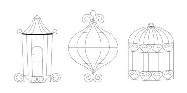 Kuşlar için basit metal kafeslerden oluşan el çizimi kafes çizimi sanat koleksiyonu. Evcil hayvan barınağı minimalist dekoru için taslak çizimi. Vektör illüstrasyonu