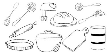 Mutfak gereçleri, çırpıcı spatula, merdane fırın mikseri ve fırın aletleri. Vektör illüstrasyonu