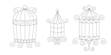 Kuş kafesi koleksiyonu, kuşların ev dekorasyonu ve evcil hayvan barınakları için basit metal kafeslerden oluşan karalama tarzı sanat vektör seti. Vektör illüstrasyonu