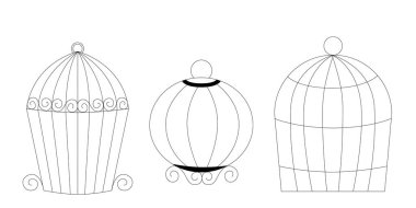 Kuş kafesi karalama ve çizgi sanat tarzı el çizimi taslak koleksiyonu ev dekorasyonu vektör elementi için farklı tip ve boyutlarda metal kuş kafesleri. Vektör illüstrasyonu