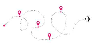 Eğri uçak yolları ve küresel seyahat ve hava seyrüsefer temalı çizimler için izleme bağlantıları içeren noktalı ve kesik rota çizgileri içeren uçak uçuş rotası koleksiyonu. Vektör