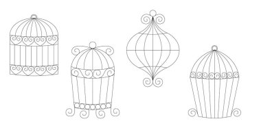 Kuşlar için karalama elle çizilmiş kuş kafesleri çizilmiş sanat tarzı vektör kafes koleksiyonu dekoratif klasik evcil hayvan konutları illüstrasyonu kullanılıyor. Vektör illüstrasyonu