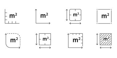 M2 işaretli kare vektör simgesi. Arazi alanı ya da zemin ölçüm sembolü. Metrik sistemdeki mülkiyet büyüklüğünün taslağı. Vektör illüstrasyonu