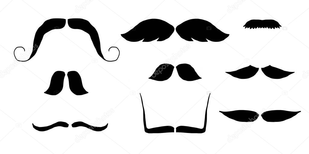 Moustache trendy styles set. Mustache curly horseshoe imperial pencil english pyramid italian and vintage narrow french walrus brush male hipster modern fashion. Chevron vector. Vector illustration
