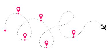 Küresel uçak navigasyonu için kesik ve noktalı uçuş güzergahları olan uçak rotaları koleksiyonu havacılık izleme yollarını ve ulaşım tasarımı için hava yolculuğu çizimlerini gösteriyor. Vektör