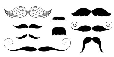 Bıyıklı kıvırcık piramit at nalı İngiliz kalemi İtalyan ve klasik Fransız deniz aygırı fırçası erkek hippi modern moda. Bıyık modası ayarlandı. Sembol vektörü. Vektör illüstrasyonu