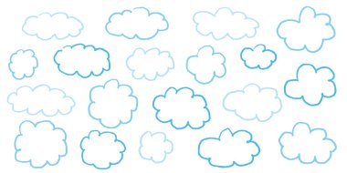 El çizimi gökyüzü arka planında pastel renkli bulutlar ve pastel yıldızlar var. Mavili, fırça boyası elementli hoş bir kalem çizimi. Çocuk çizgi film veya eğitim tasarımı için gökyüzü şekilleri çizer