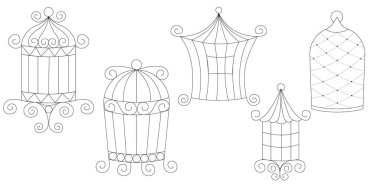 Minimalist ve klasik ev dekorasyonu için kuş kafesi koleksiyonunun karalama el çizimi sanat çizgisi çiziminde metal kuş kafesi vektörü. Vektör illüstrasyonu