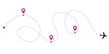 Uçuş izleme hattı, küresel seyahat yollarını ve uçak navigasyon yollarını gösteren noktalı ve kesik uçak rotalarıyla belirlendi. Havacılık ağı ve uçak yolculuğu vektör haritaları için. Vektör