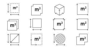 Emlak boyutu simgesi M2 işareti gösteriyor. Yer alanı, oda büyüklüğü ya da apartman planı için metre kare ölçü sembolü. Ana hatları temiz vektör çizimi. Vektör illüstrasyonu