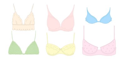 Yumuşak Pastel Renklerle Sütyen ve İç Çamaşırlarının Minimalist Taslağı. Vektör illüstrasyonu